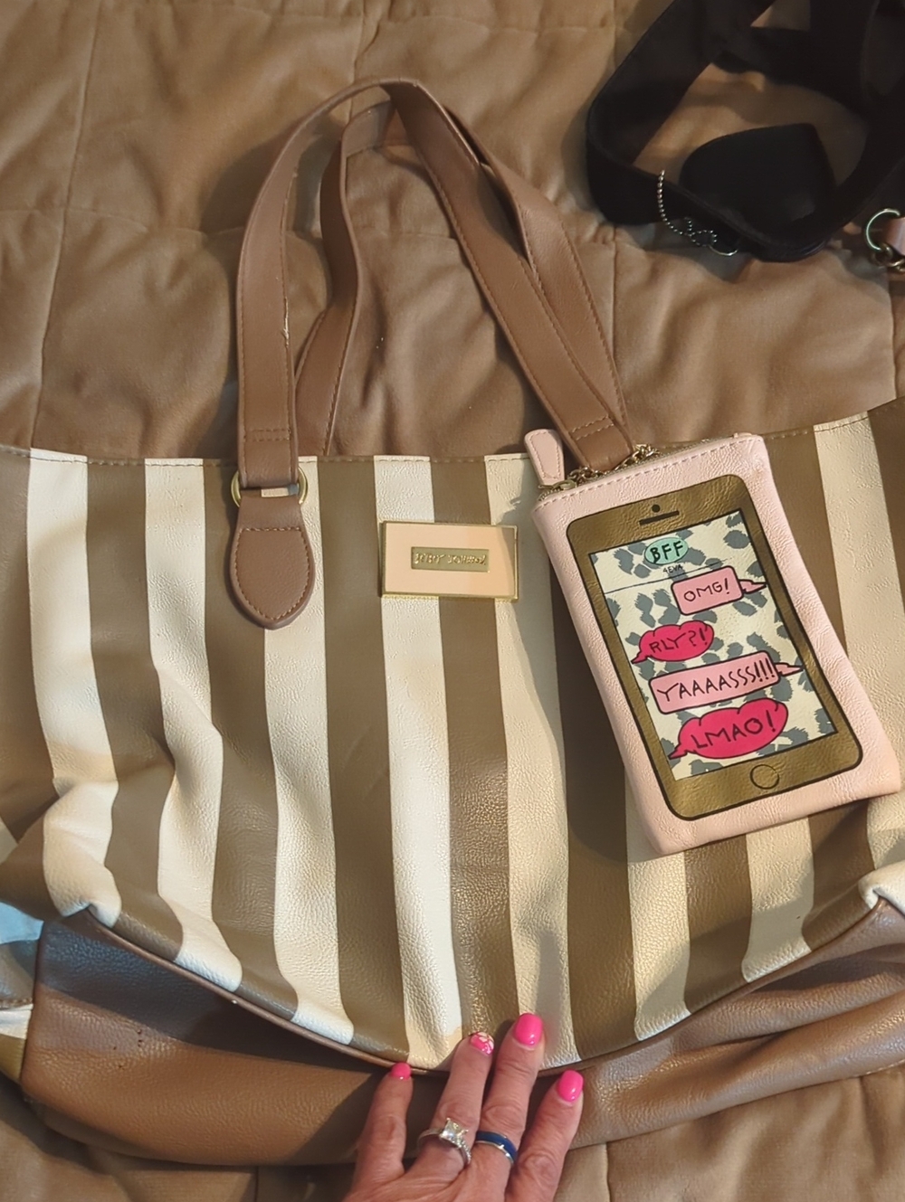 Striped Betsey Johnson Tote Bag with Pink Phone Pouch